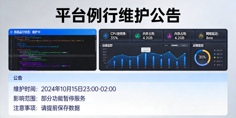平台例行维护公告示意图，代码界面与运维监控面板同步显示系统运行状态