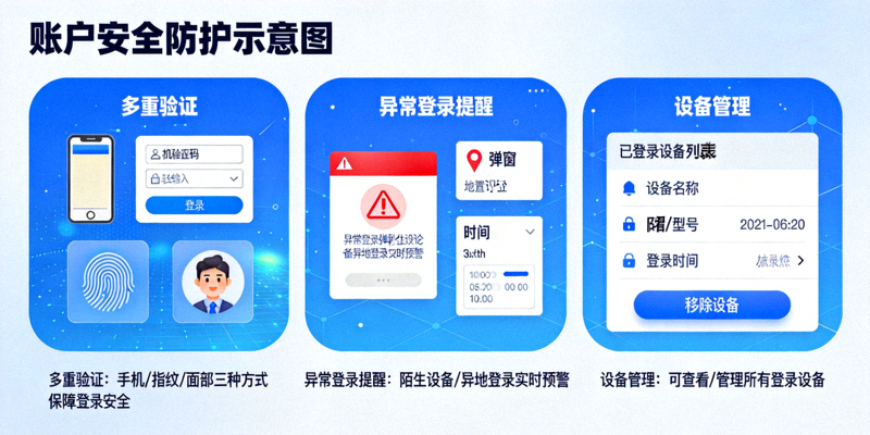 账户安全防护示意图，展示多重验证、异常登录提醒与设备管理功能