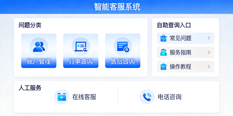 智能客服系统界面展示，包含问题分类、自助查询与人工服务入口