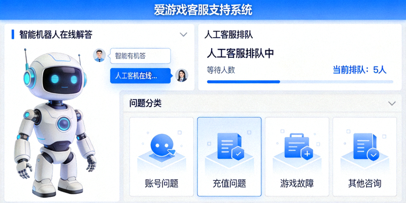 爱游戏全新客服支持系统界面，显示智能机器人与人工客服排队及问题分类