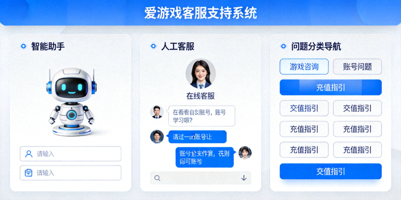 爱游戏全新客服支持系统界面，显示智能助手、人工客服与问题分类导航