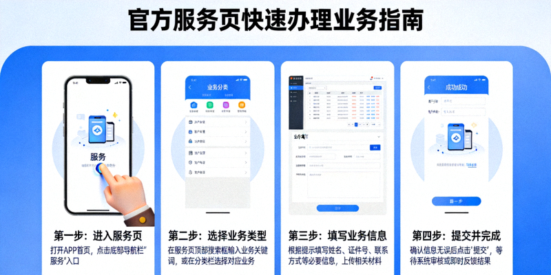 官方服务页快速办理业务指南图解，分步骤展示常用业务的完整操作路径
