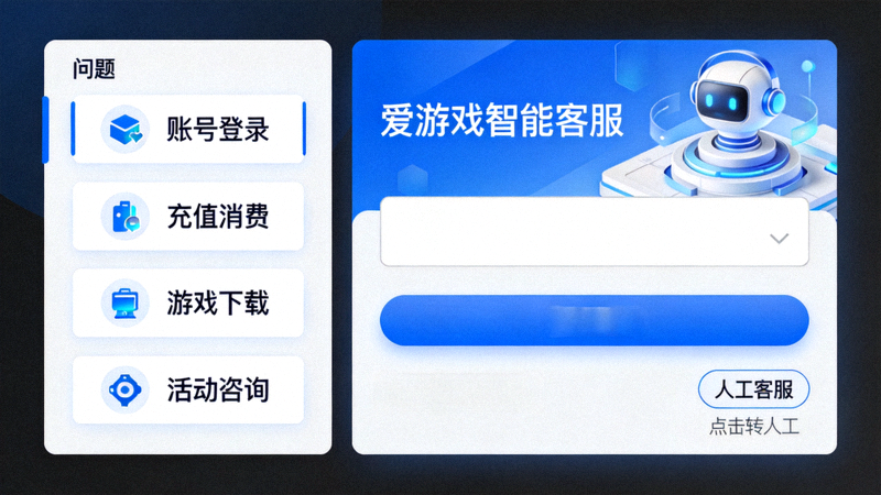 爱游戏官网智能客服系统界面示意，展示问题分类与人工客服接入入口