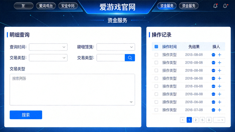 爱游戏官网资金服务模块界面示意，展示明细查询与操作记录列表
