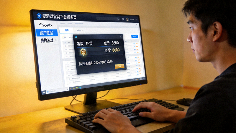 玩家在电脑前浏览爱游戏官网平台服务页并查看账户数据的场景
